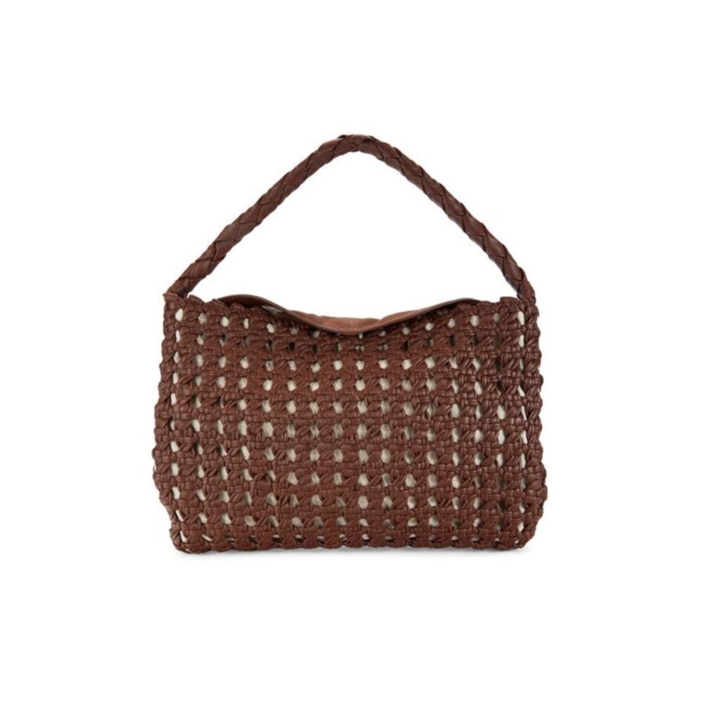NWT Vince Camuto Brown Leather Woven Boho Macremé Top Handle Shoulder Bag